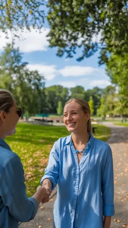 Zwei Frauen begrüßen sich mit Handschlag auf einem Weg zwischen Wiese und Bäumen